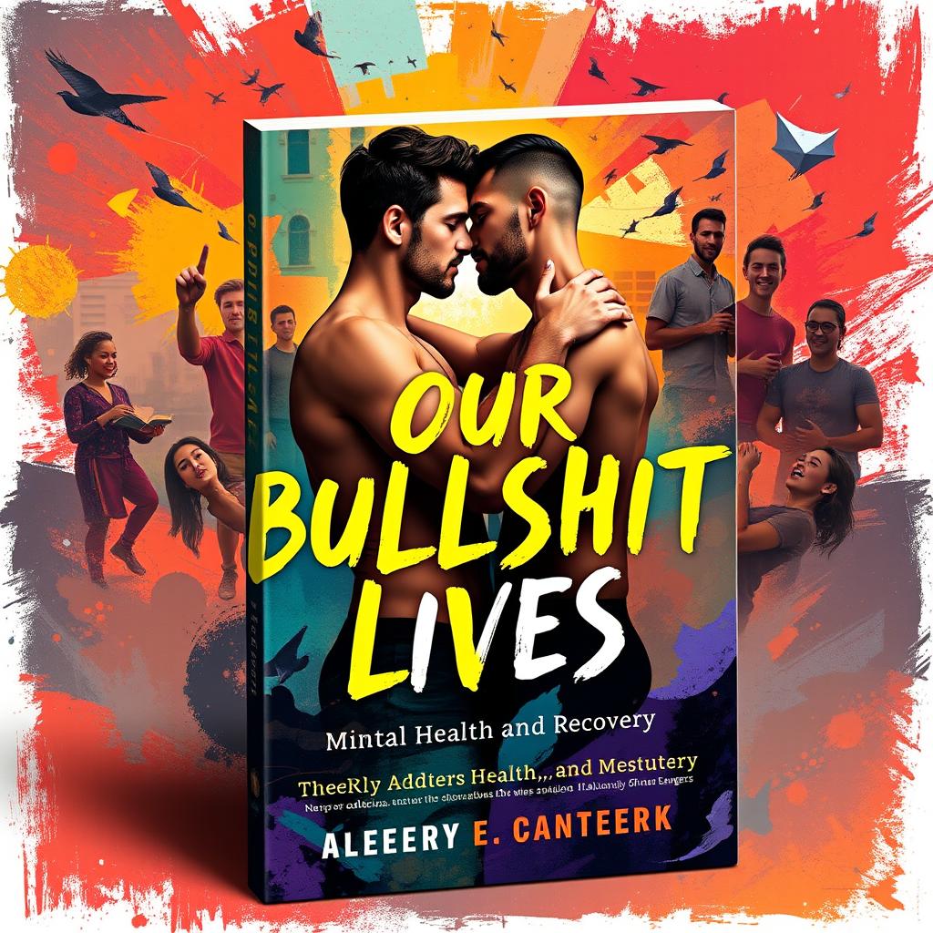 A captivating book cover for 'Our Bullshit Lives' featuring two gay men in a passionate embrace, showcasing their love amidst a turbulent backdrop that represents their personal struggles