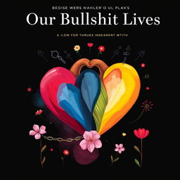 A striking book cover for 'Our Bullshit Lives' that features a symbolic representation of love and struggle without any human figures