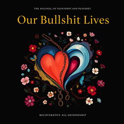 A striking book cover for 'Our Bullshit Lives' that features a symbolic representation of love and struggle without any human figures