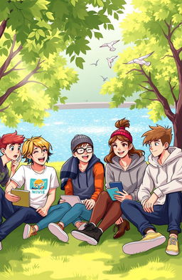 A vibrant and engaging illustration of a group of diverse teenagers sitting together in a park, happily discussing life advice