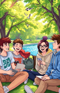 A vibrant and engaging illustration of a group of diverse teenagers sitting together in a park, happily discussing life advice