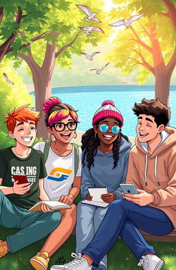 A vibrant and engaging illustration of a group of diverse teenagers sitting together in a park, happily discussing life advice