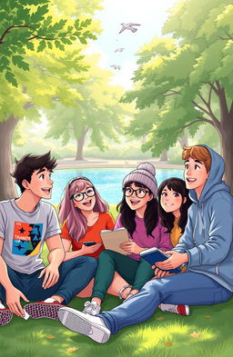 A vibrant and engaging illustration of a group of diverse teenagers sitting together in a park, happily discussing life advice
