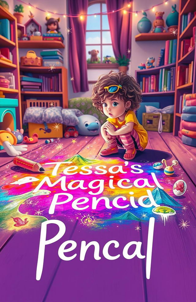 A whimsical and colorful scene depicting a child's drawing on the floor made with a magical pencil