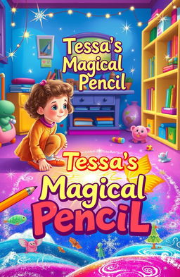 A whimsical and colorful scene depicting a child's drawing on the floor made with a magical pencil