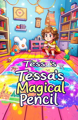 A whimsical and colorful scene depicting a child's drawing on the floor made with a magical pencil