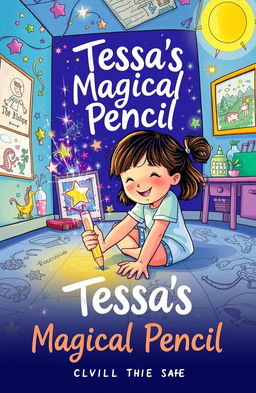 A vibrant and whimsical illustration of a child engaged in drawing on the floor with a magical pencil that emits colorful sparkles and light