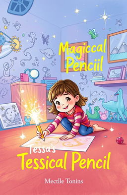 A vibrant and whimsical illustration of a child engaged in drawing on the floor with a magical pencil that emits colorful sparkles and light