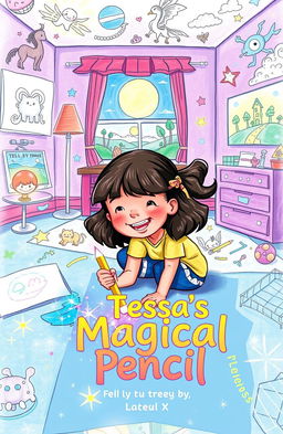A vibrant and whimsical illustration of a child engaged in drawing on the floor with a magical pencil that emits colorful sparkles and light