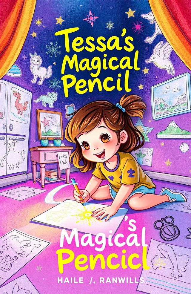 A vibrant and whimsical illustration of a child engaged in drawing on the floor with a magical pencil that emits colorful sparkles and light