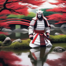 Generate an image of a royal samurai donned in traditional white armor with red accents