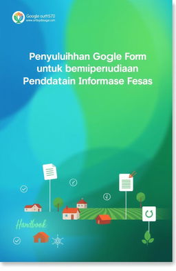 A cover design for a handbook titled 'Penyuluhan Google Form untuk Mempermudah Pendataan Informasi Desa' prominently displayed at the top center in bold and modern typography