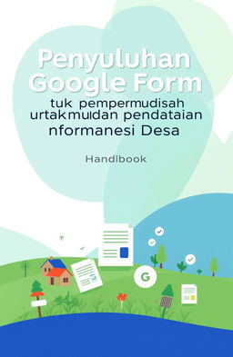 A cover design for a handbook titled 'Penyuluhan Google Form untuk Mempermudah Pendataan Informasi Desa' prominently displayed at the top center in bold and modern typography