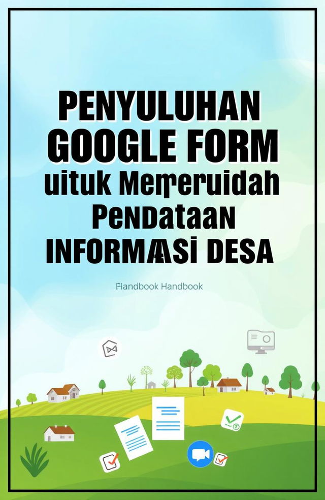 A cover design for a handbook titled 'Penyuluhan Google Form untuk Mempermudah Pendataan Informasi Desa' prominently displayed at the top center in bold and modern typography