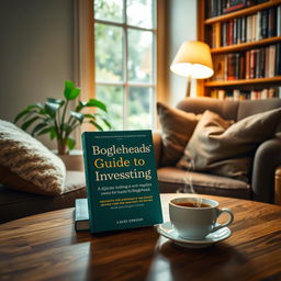 A cozy, inviting reading nook featuring 'The Bogleheads' Guide to Investing' book prominently displayed on a wooden coffee table