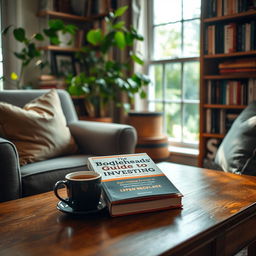 A cozy, inviting reading nook featuring 'The Bogleheads' Guide to Investing' book prominently displayed on a wooden coffee table