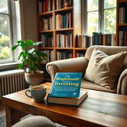 A cozy, inviting reading nook featuring 'The Bogleheads' Guide to Investing' book prominently displayed on a wooden coffee table