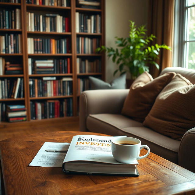 A cozy, inviting reading nook featuring 'The Bogleheads' Guide to Investing' book prominently displayed on a wooden coffee table