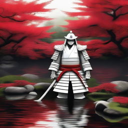 Generate an image of a royal samurai donned in traditional white armor with red accents