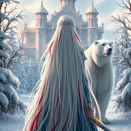 A fantastical princess with long white hair featuring red streaks, viewed from behind, standing at the center of the composition
