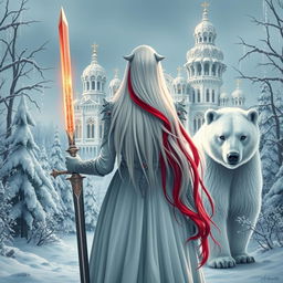 A fantastical princess with long white hair featuring red streaks, viewed from behind, standing at the center of the composition
