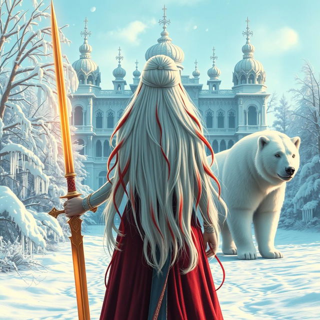 A fantastical princess with long white hair featuring red streaks, viewed from behind, standing at the center of the composition