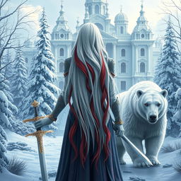 A fantastical princess with long white hair featuring red streaks, viewed from behind, standing at the center of the composition