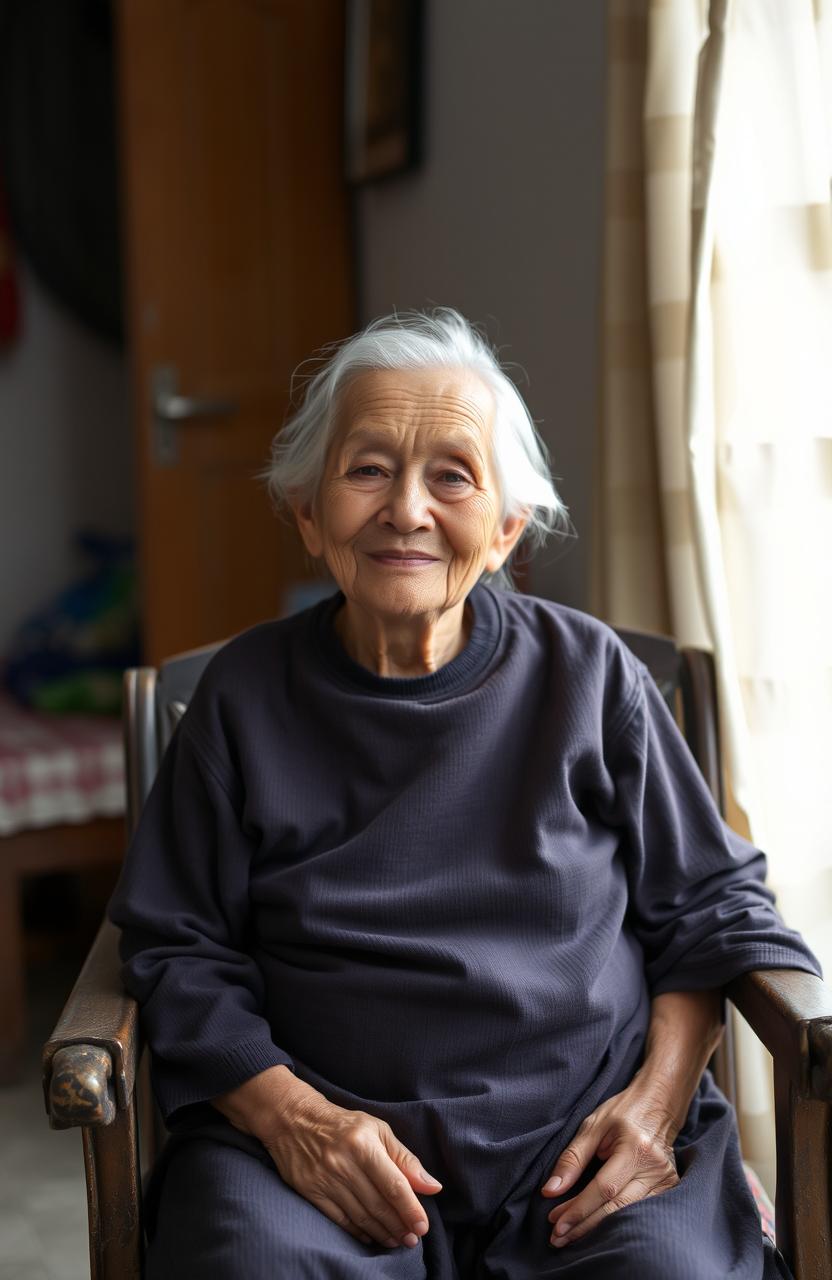 An elderly woman sitting in a humble, modest living room, reflecting her life of hardship