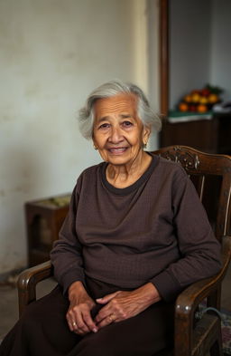 An elderly woman sitting in a humble, modest living room, reflecting her life of hardship