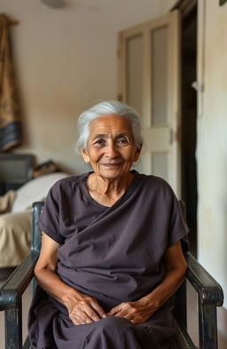 An elderly woman sitting in a humble, modest living room, reflecting her life of hardship