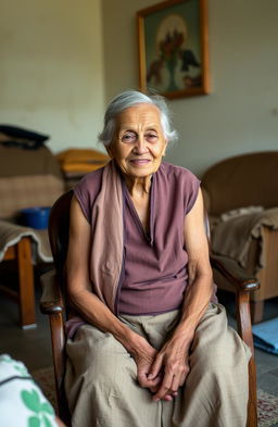 An elderly woman sitting in a humble, modest living room, reflecting her life of hardship