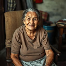 A middle-aged woman sitting comfortably on a sturdy chair, not too thin or too overweight, with a gentle smile on her face