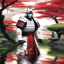 Generate an image of a royal samurai donned in traditional white armor with red accents