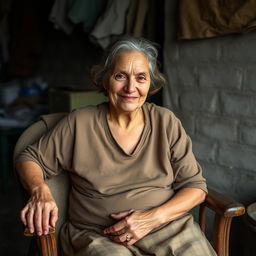 A middle-aged woman sitting comfortably on a sturdy chair, not too thin or too overweight, with a gentle smile on her face