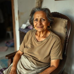A middle-aged woman sitting comfortably on a sturdy chair, not too thin or too overweight, with a gentle smile on her face