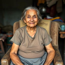 A middle-aged woman sitting comfortably on a sturdy chair, not too thin or too overweight, with a gentle smile on her face