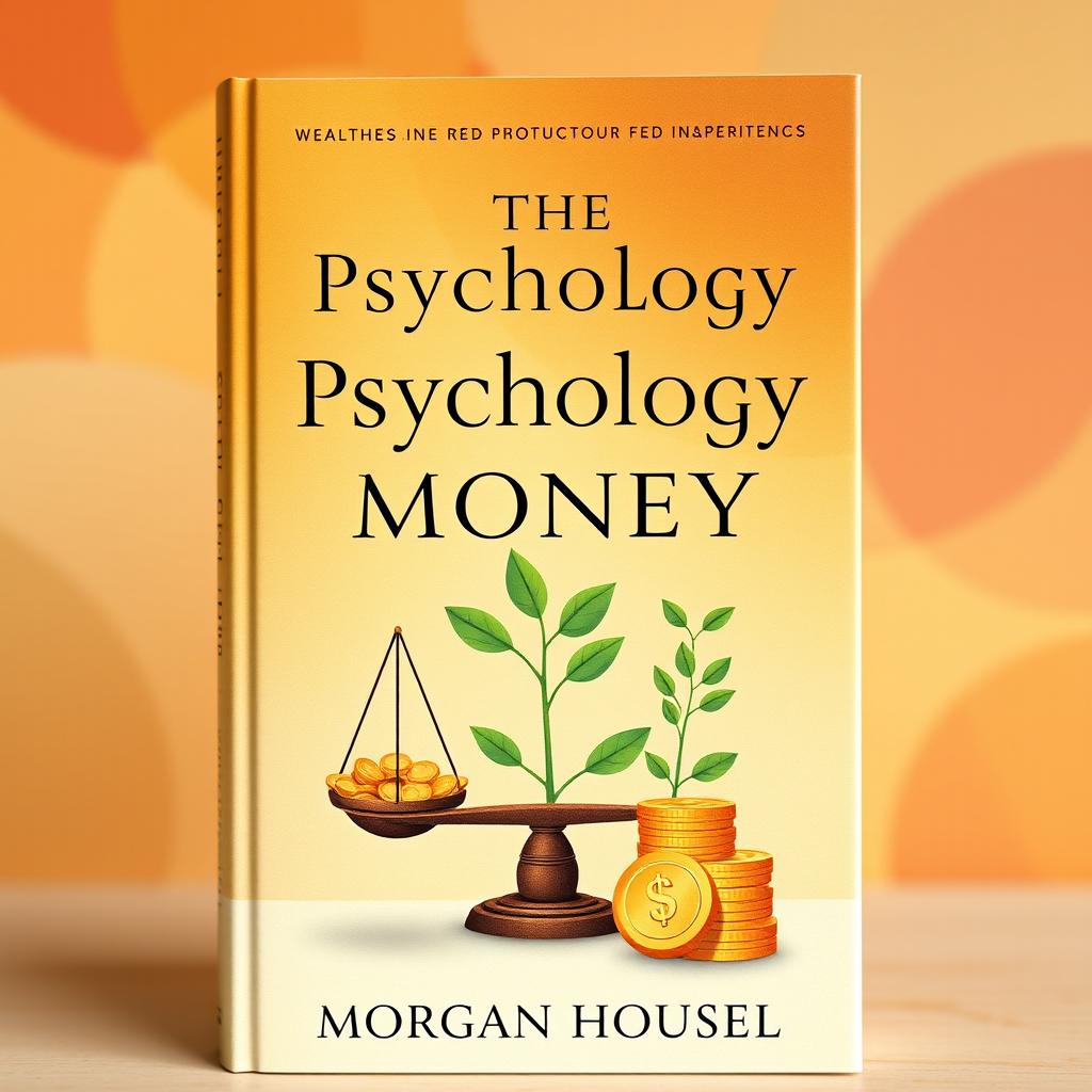 A beautifully illustrated book cover design for 'The Psychology of Money' by Morgan Housel, featuring engaging imagery that visually represents the themes of wealth, greed, and happiness