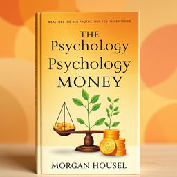 A beautifully illustrated book cover design for 'The Psychology of Money' by Morgan Housel, featuring engaging imagery that visually represents the themes of wealth, greed, and happiness