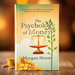 A beautifully illustrated book cover design for 'The Psychology of Money' by Morgan Housel, featuring engaging imagery that visually represents the themes of wealth, greed, and happiness