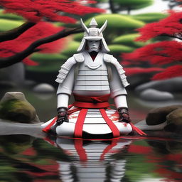 Generate an image of a royal samurai donned in traditional white armor with red accents