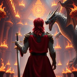 A fantastical prince with vibrant red hair, viewed from behind, standing at the center of the composition