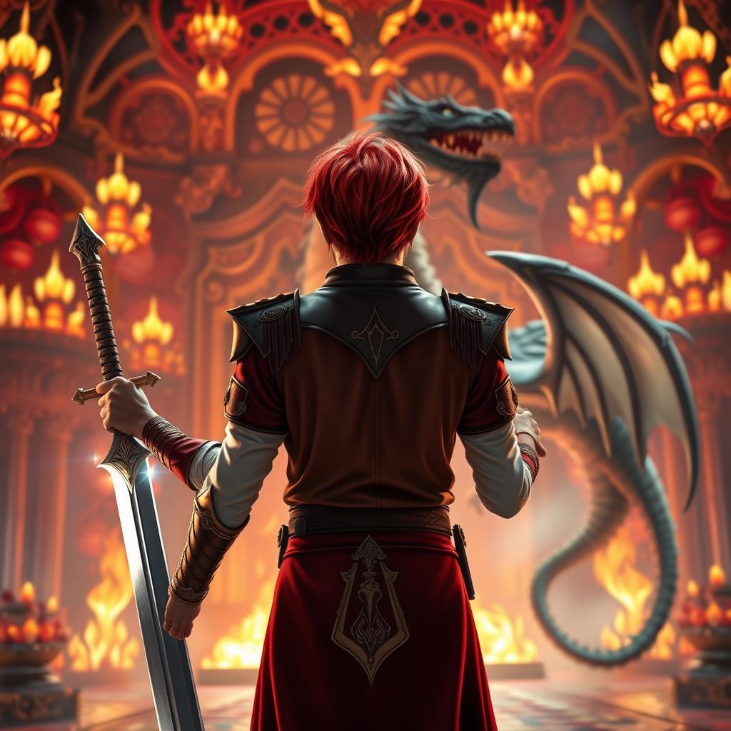 A fantastical prince with vibrant red hair, viewed from behind, standing at the center of the composition