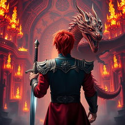 A fantastical prince with vibrant red hair, viewed from behind, standing at the center of the composition