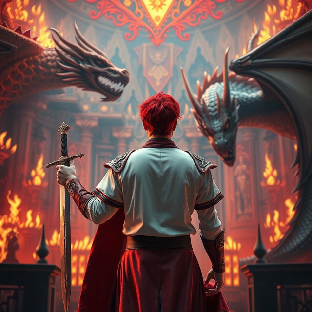 A fantastical prince with vibrant red hair, viewed from behind, standing at the center of the composition