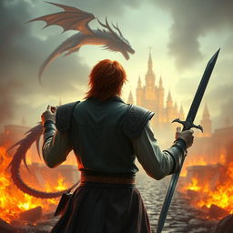 A fantastical prince with striking red hair, viewed from behind, centered in the image
