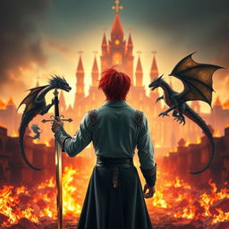 A fantastical prince with striking red hair, viewed from behind, centered in the image