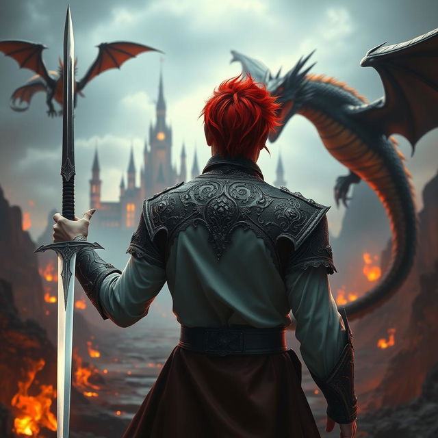 A fantastical prince with striking red hair, viewed from behind, centered in the image