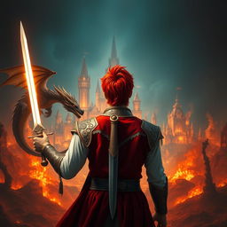 A fantastical prince with striking red hair, viewed from behind, centered in the image