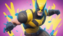 Create an ultra-HD, clickable Fortnite-themed YouTube thumbnail, featuring a dynamic close-up of Wolverine amid vibrant, colourful splashes