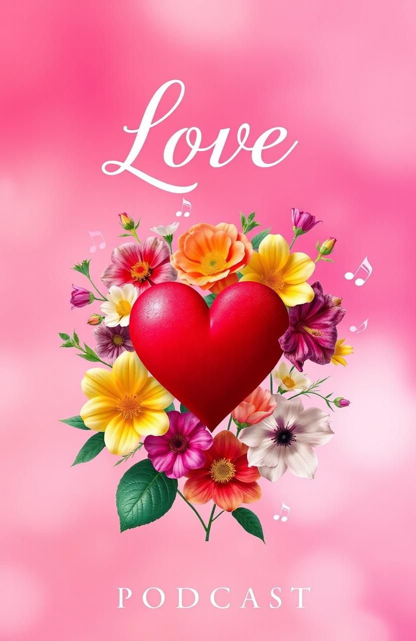 A captivating podcast cover for a show about love, featuring a heart symbol at the center surrounded by vibrant and intertwining flowers, symbolizing different types of love